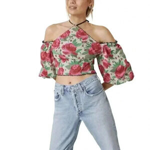 Anthropologie Off the Shoulder Floral Halter Crop Top Size Medium New with Tags